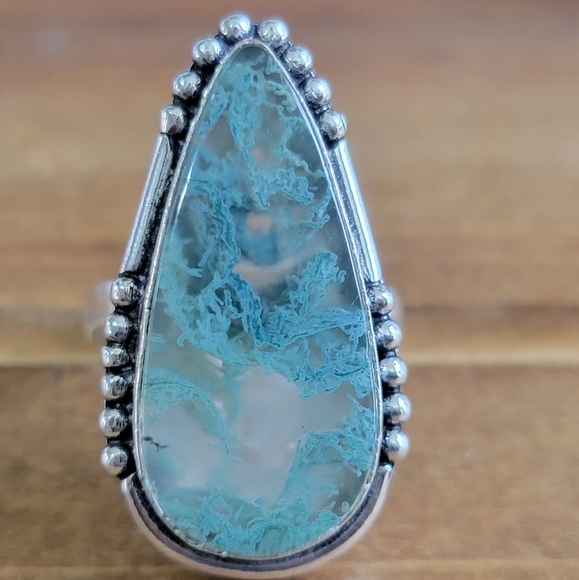Vintage Jewelry - Indian Moss Agate Gemstone Silver Ring Size 6.5 Women Jewelry Bohemian Western